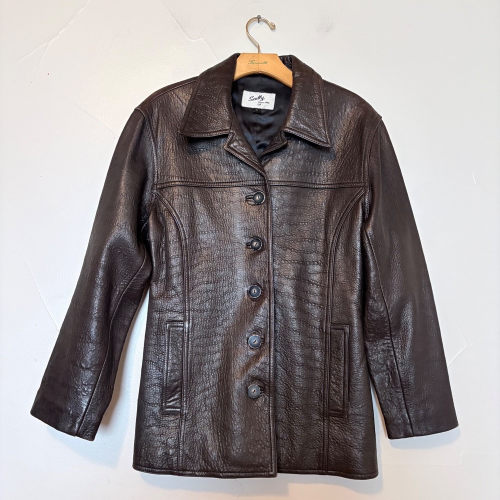 Y2K 90s Scully Leather Jacket Women Size 6 Brown Textured Button Front Blazer - Picture 1 of 16